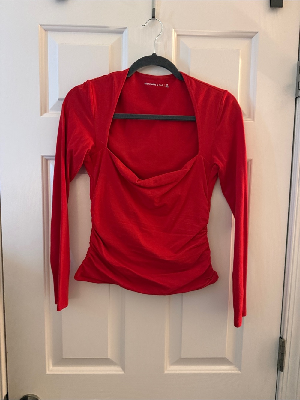 Abercrombie & Fitch Vibrant Red Long-Sleeve Ruched square neck Top